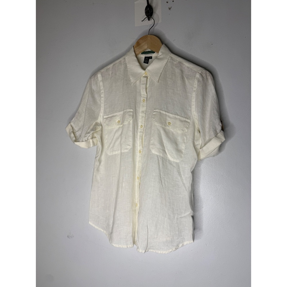 Lauren Ralph Lauren Linen Short Sleeve Roll Tab Utility Shirt Off White Cream M